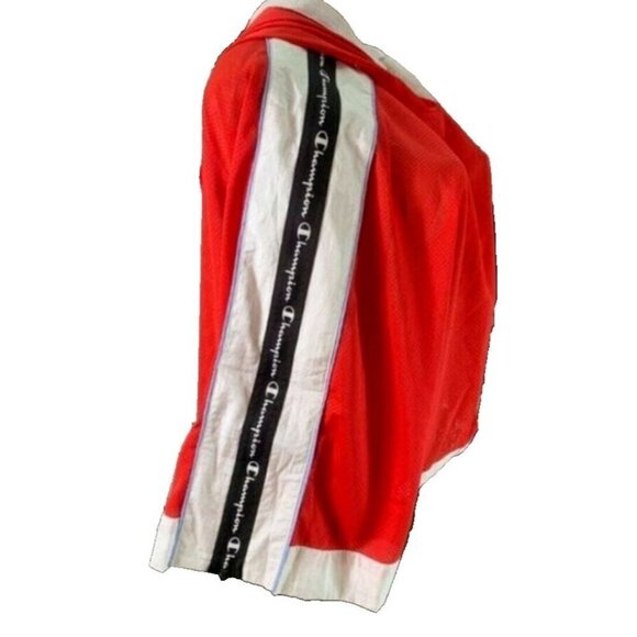 Champion XL Red Logo White Striped Drawcord Hem 3/4 Zip Sleeve Crop Hoodie Top - Picture 3 of 5